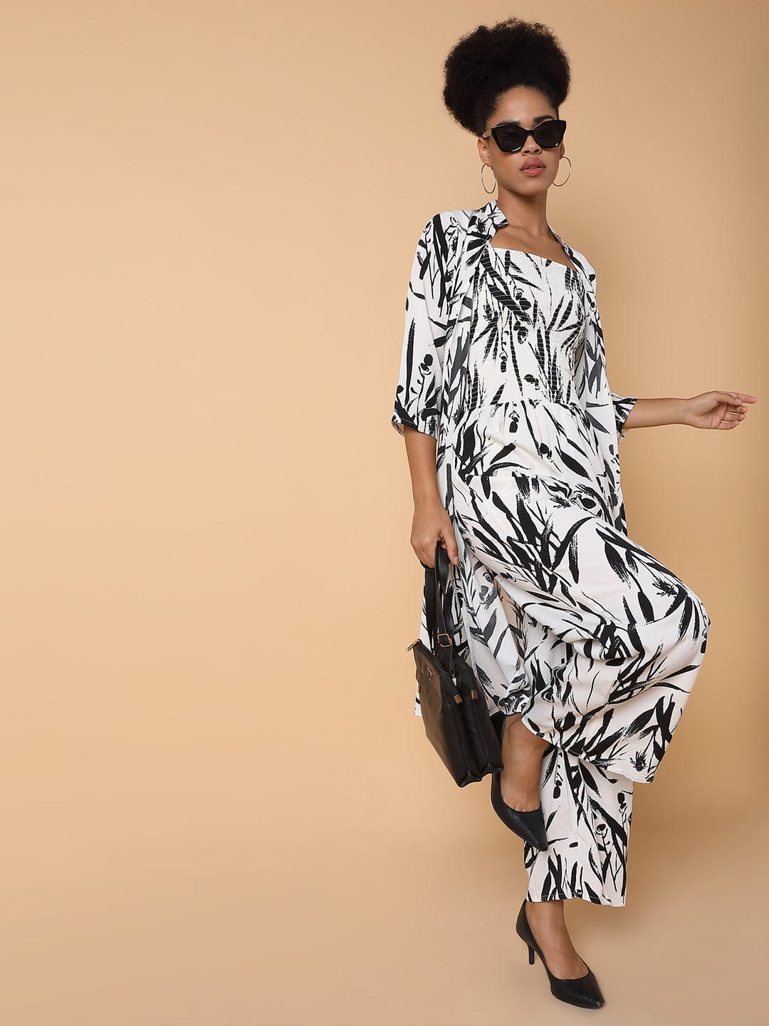 Women's Cream Printed Basic Jumpsuit with Shrug