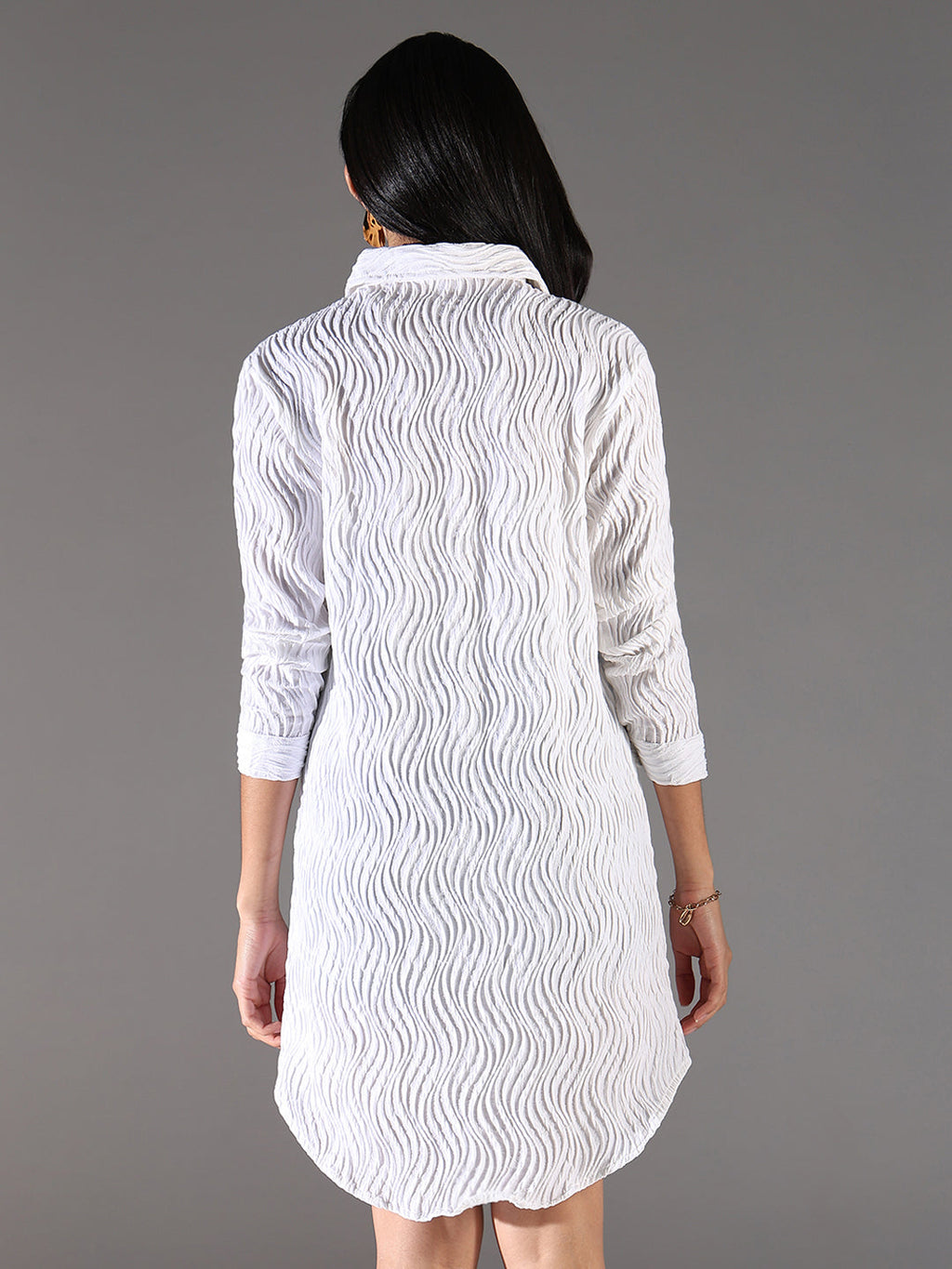 Women's White Shirt Collar Cuffed Sleeves Shirt Dress