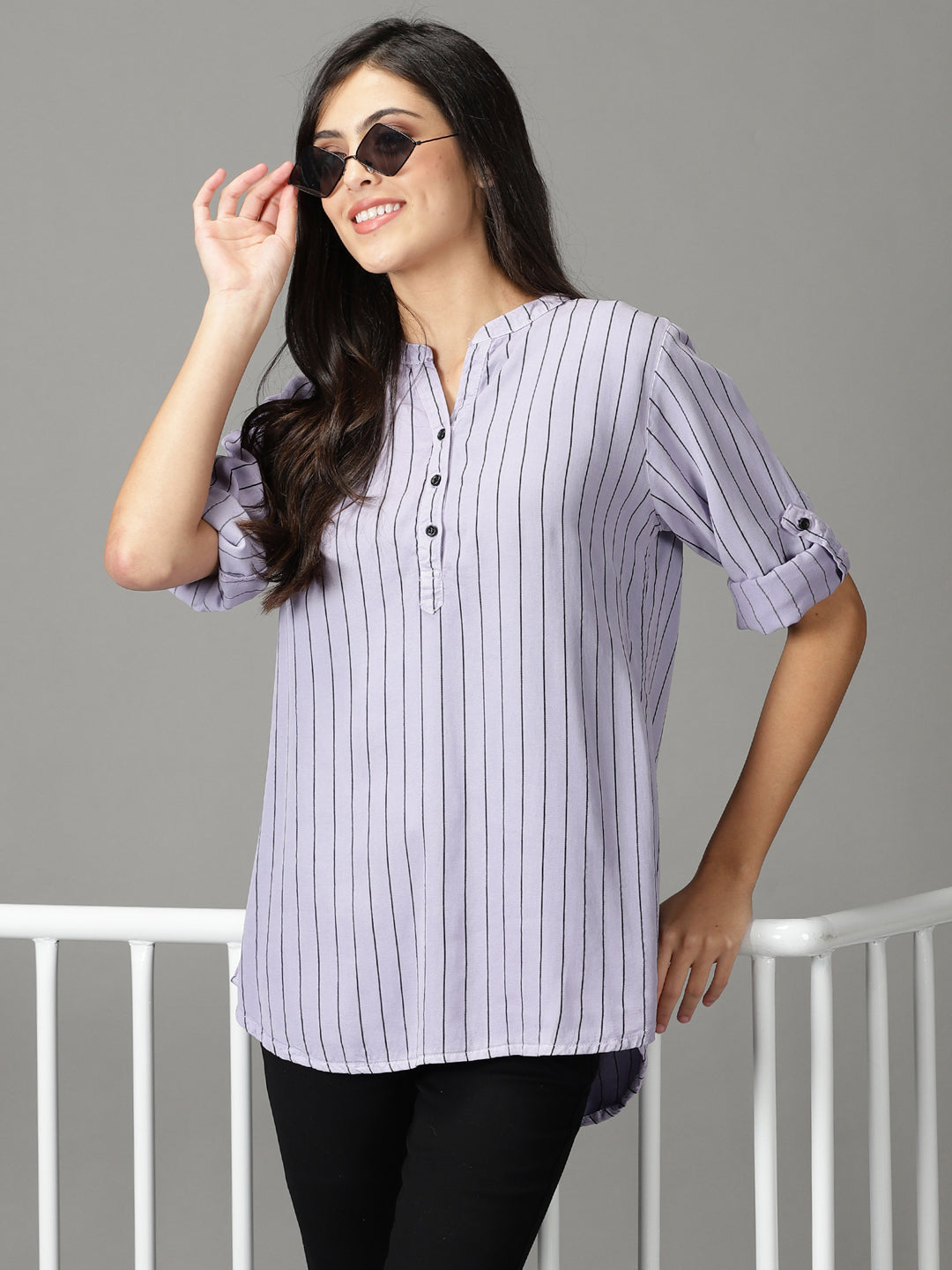 Women's Lavender Striped Mandarin Collar Roll-Up Sleeves Shirt Style Top