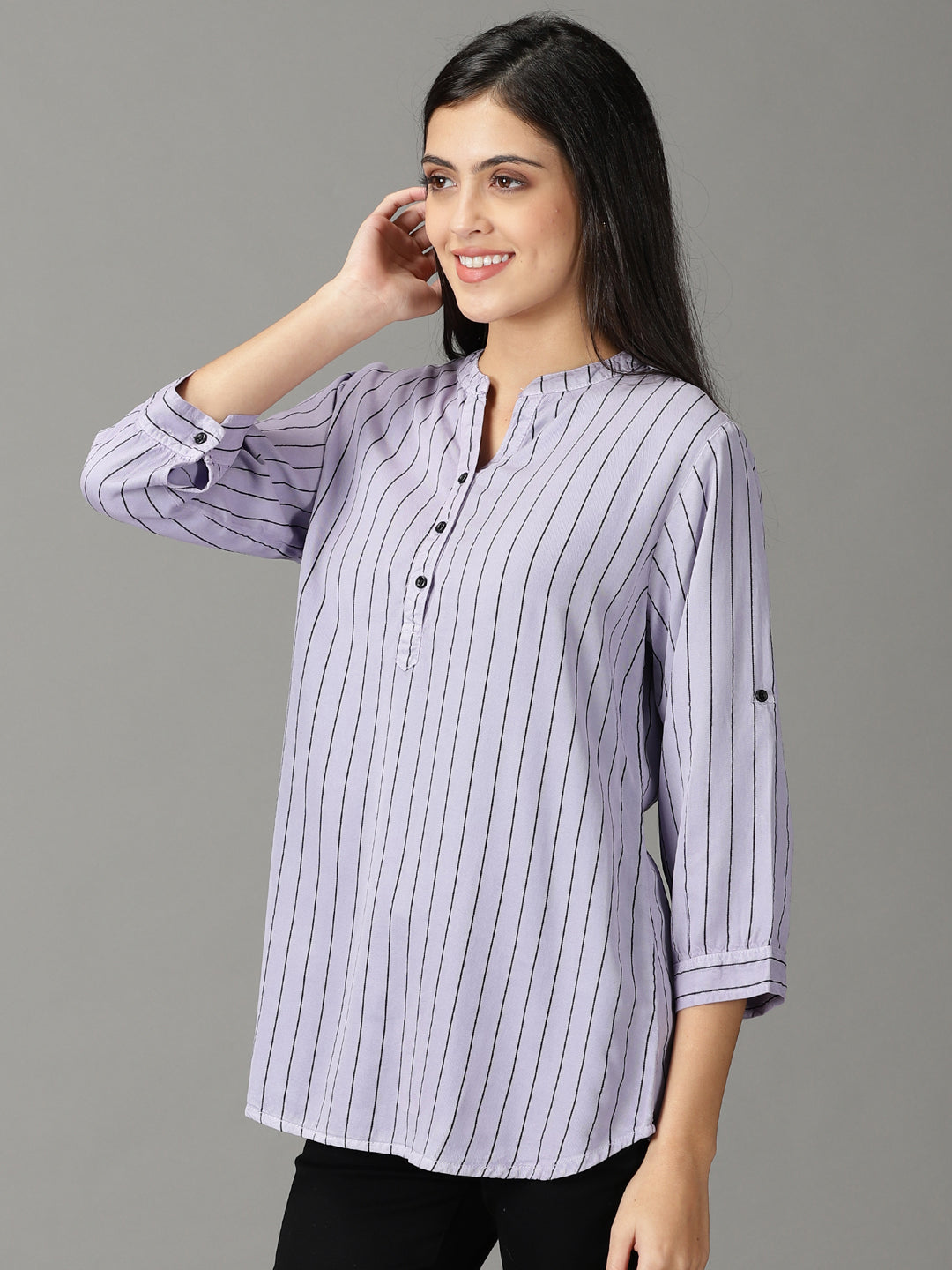 Women's Lavender Striped Mandarin Collar Roll-Up Sleeves Shirt Style Top