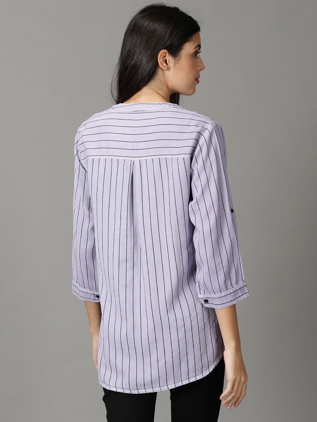 Women's Lavender Striped Mandarin Collar Roll-Up Sleeves Shirt Style Top