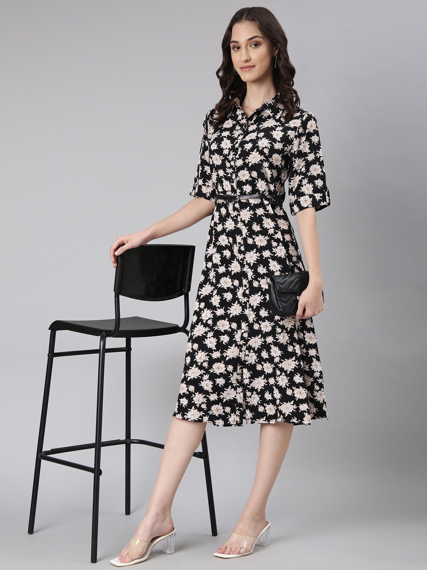 Women's Black Floral Printed Shirt Midi Dress