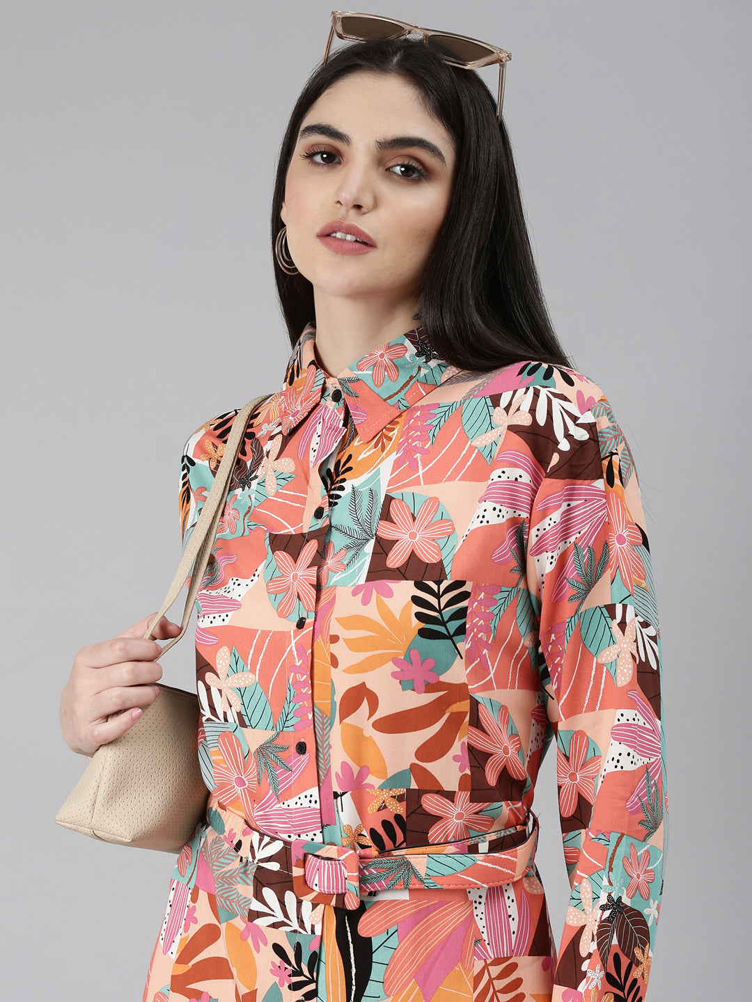 Women's Peach Floral Printed Belted Crepe Shirt Style Dress