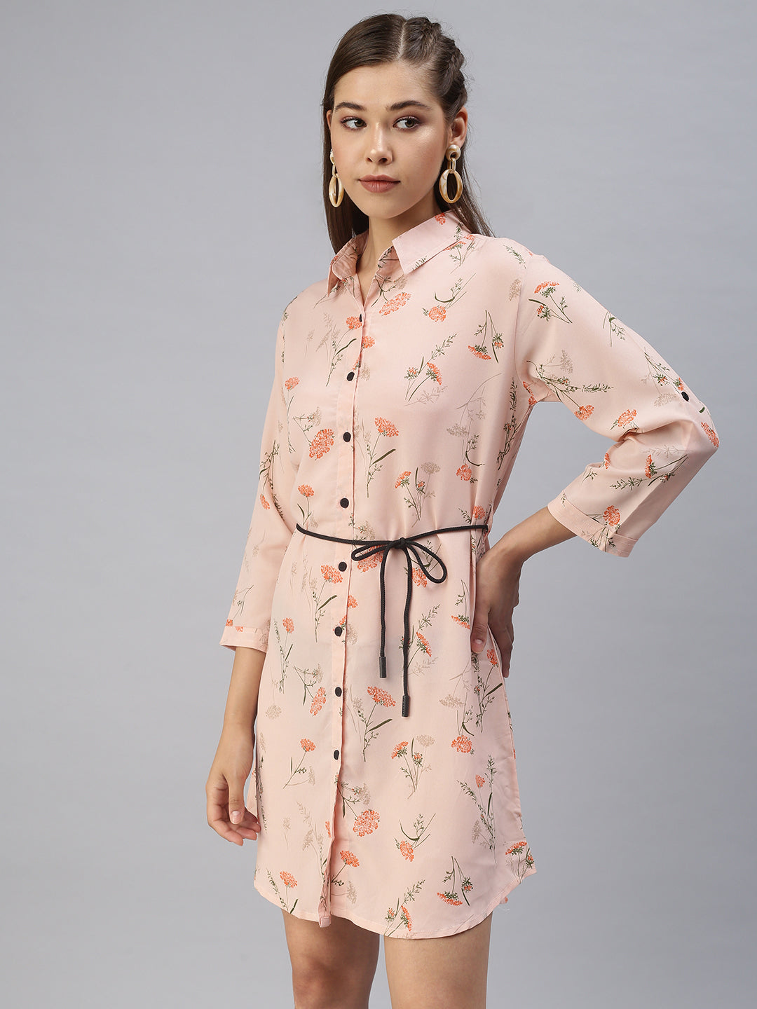 Women's Peach Floral Georgette Shirt Dress