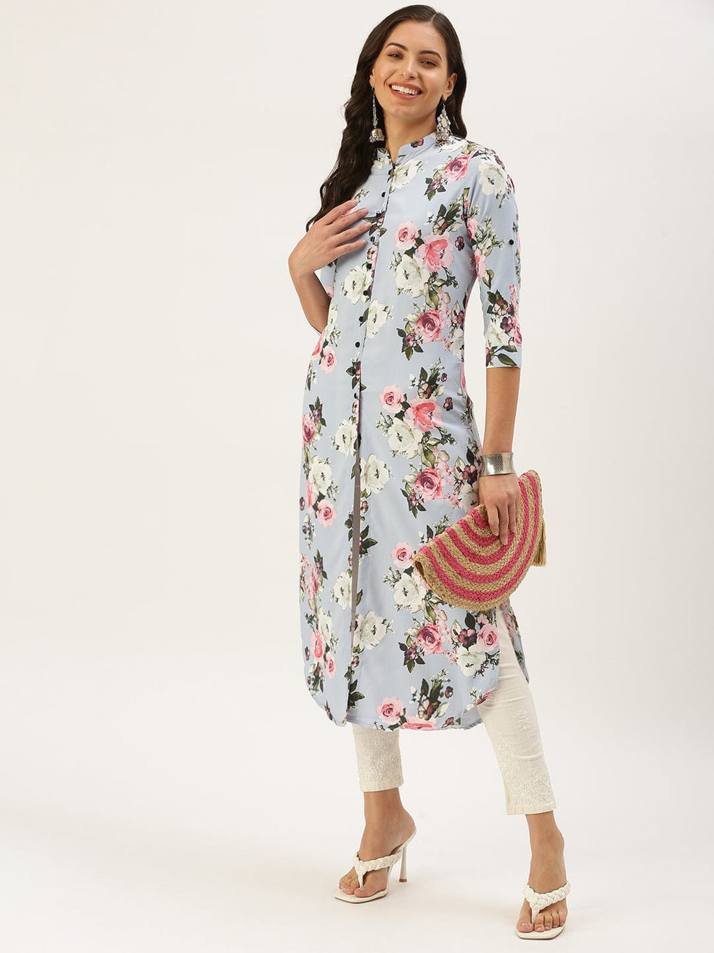 Women's Mandarin Collar Printed Blue Straight Kurta