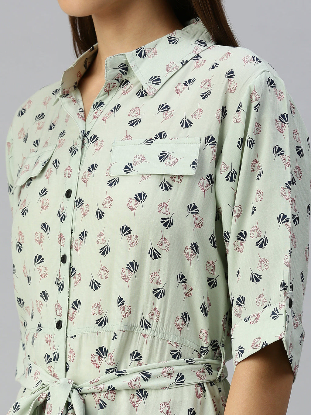 Women's Green Floral Shirt Midi Dress