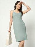 Women's Sea Green Shoulder Straps Gathered Detailed Cotton Sheath Dress