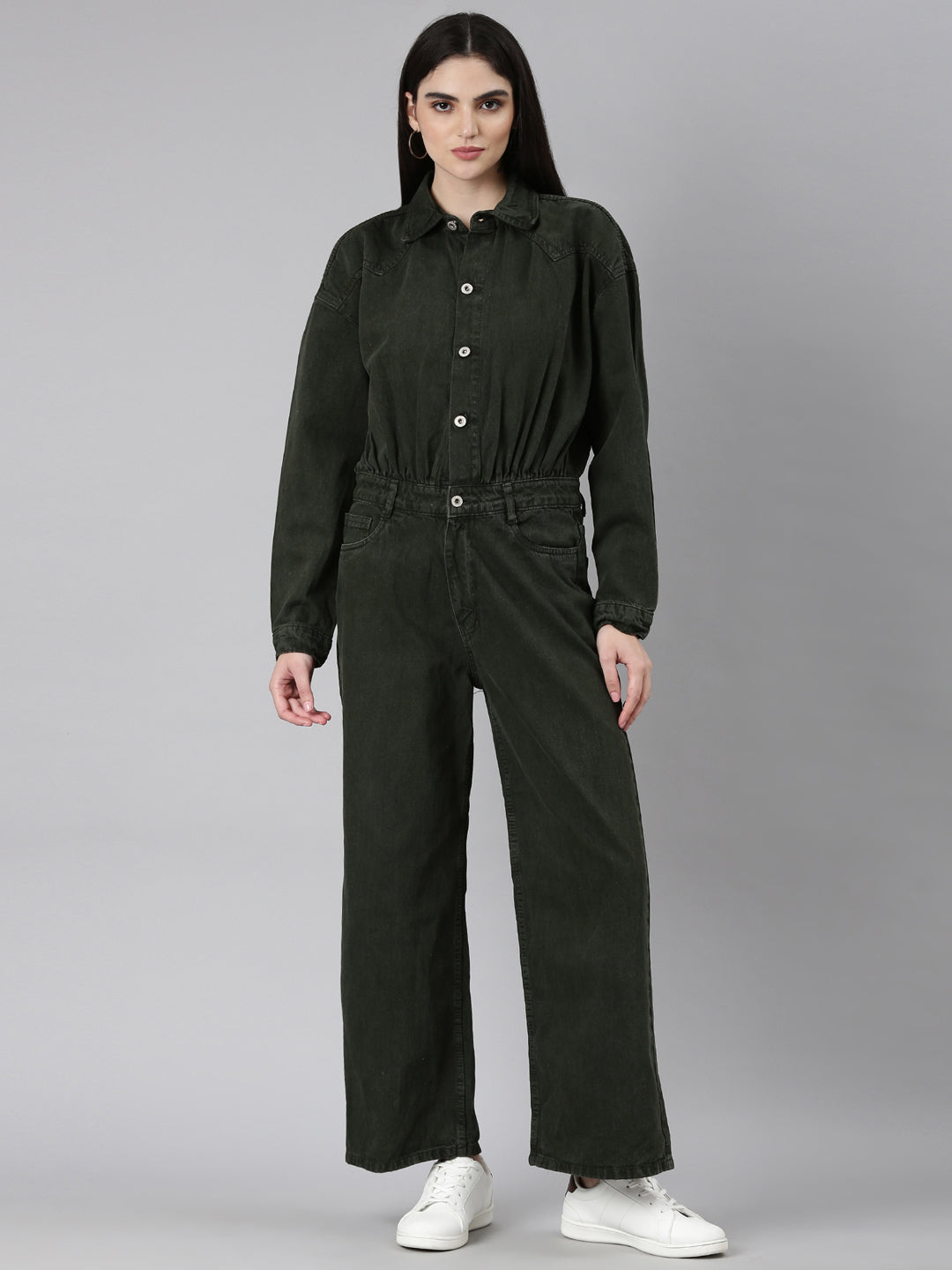 Women's Olive Shirt Collar Long Sleeves Cotton Basic Jumpsuit