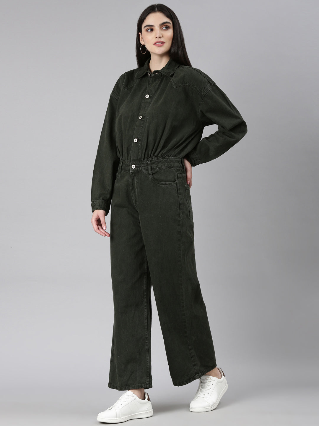 Women's Olive Shirt Collar Long Sleeves Cotton Basic Jumpsuit