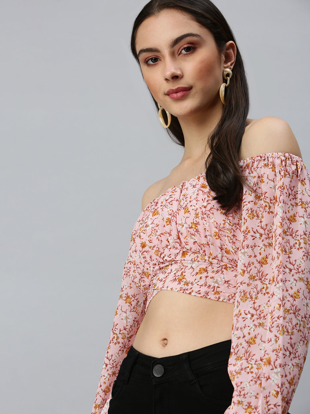 Women's Pink Floral Printed Off-Shoulder Bardot Crop Top