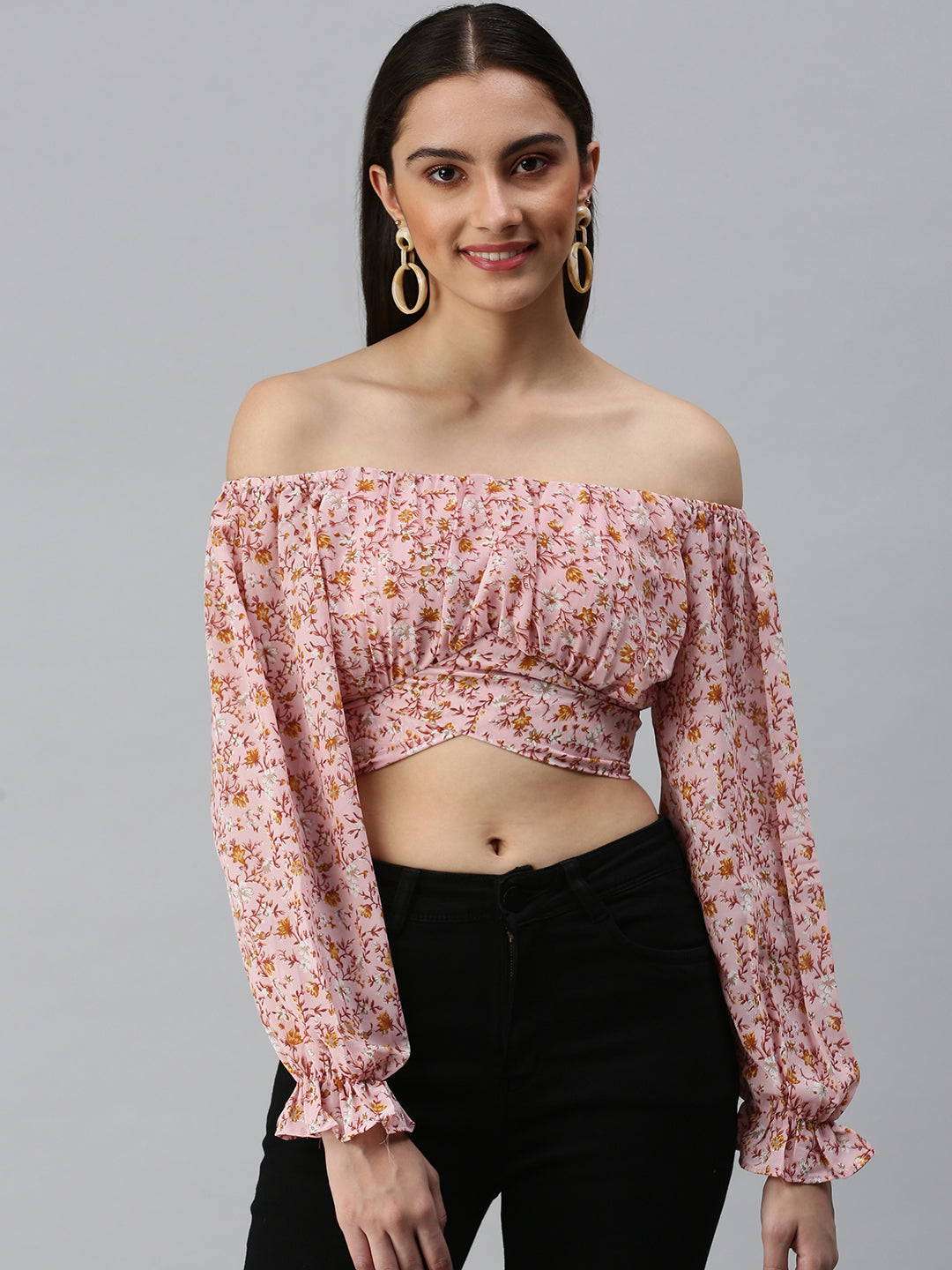 Women's Pink Floral Printed Off-Shoulder Bardot Crop Top