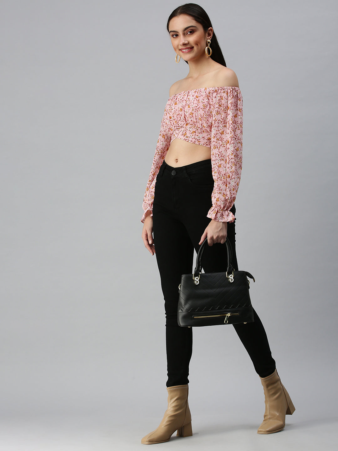 Women's Pink Floral Printed Off-Shoulder Bardot Crop Top