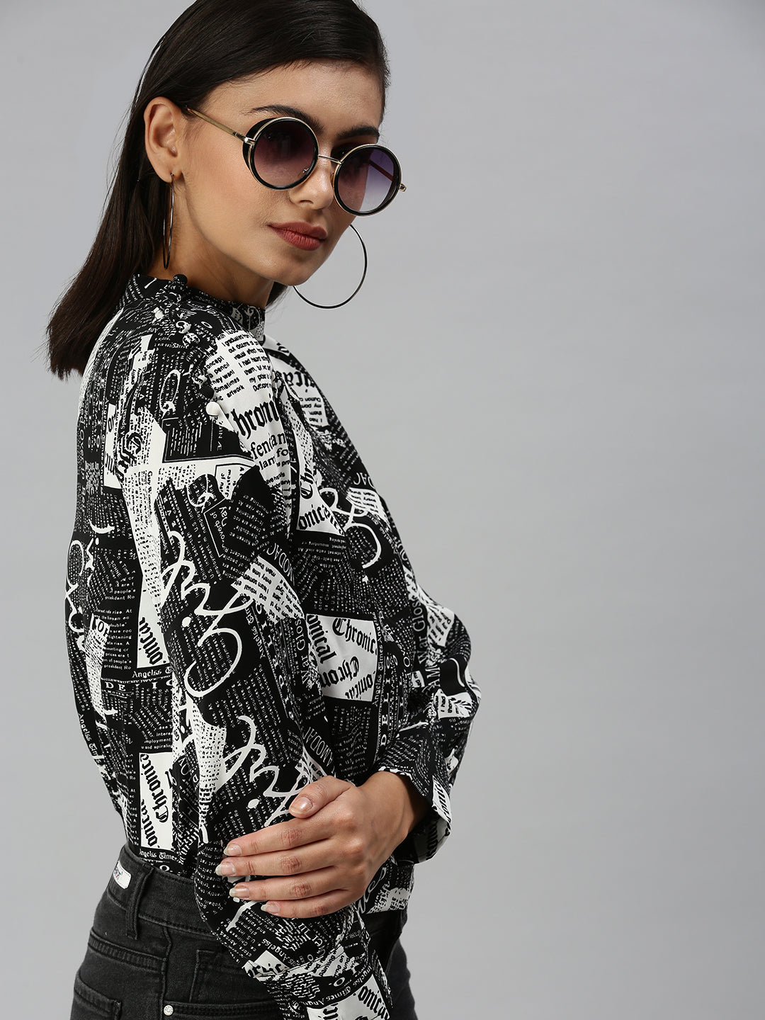 Women's Black Floral Print Mandarin Collar Monochrome Crepe Top