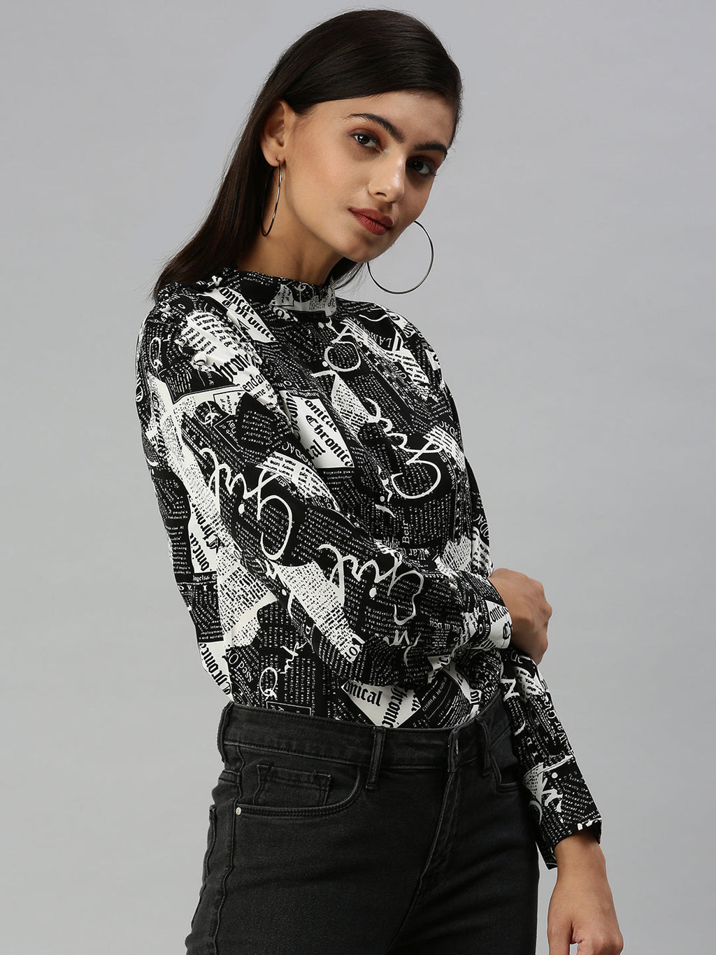 Women's Black Floral Print Mandarin Collar Monochrome Crepe Top