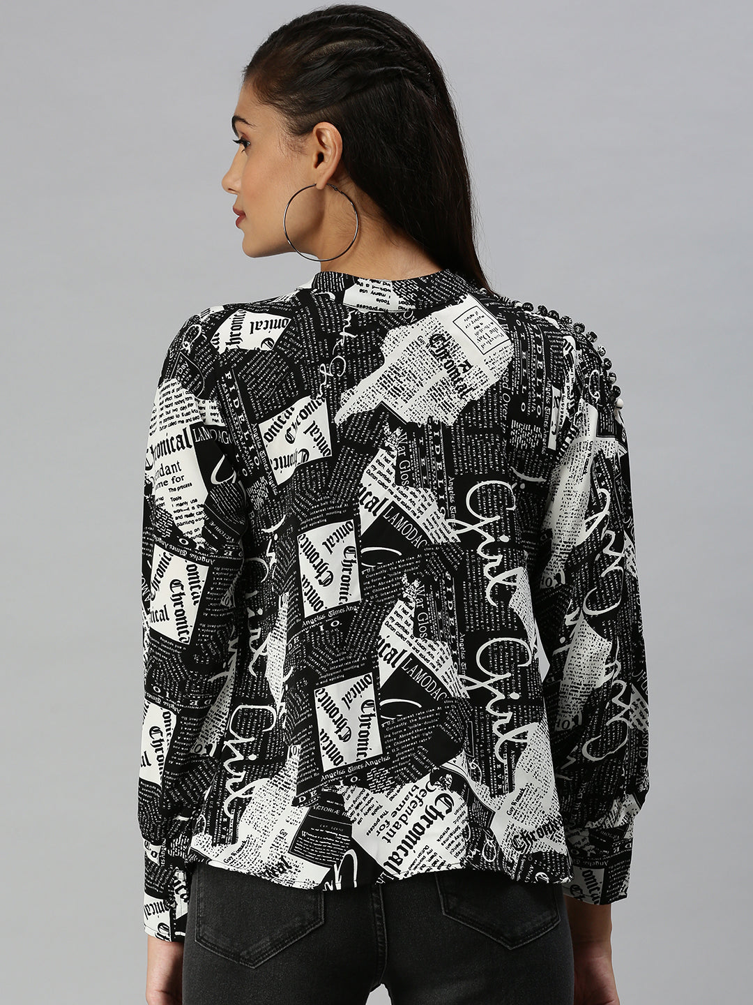 Women's Black Floral Print Mandarin Collar Monochrome Crepe Top