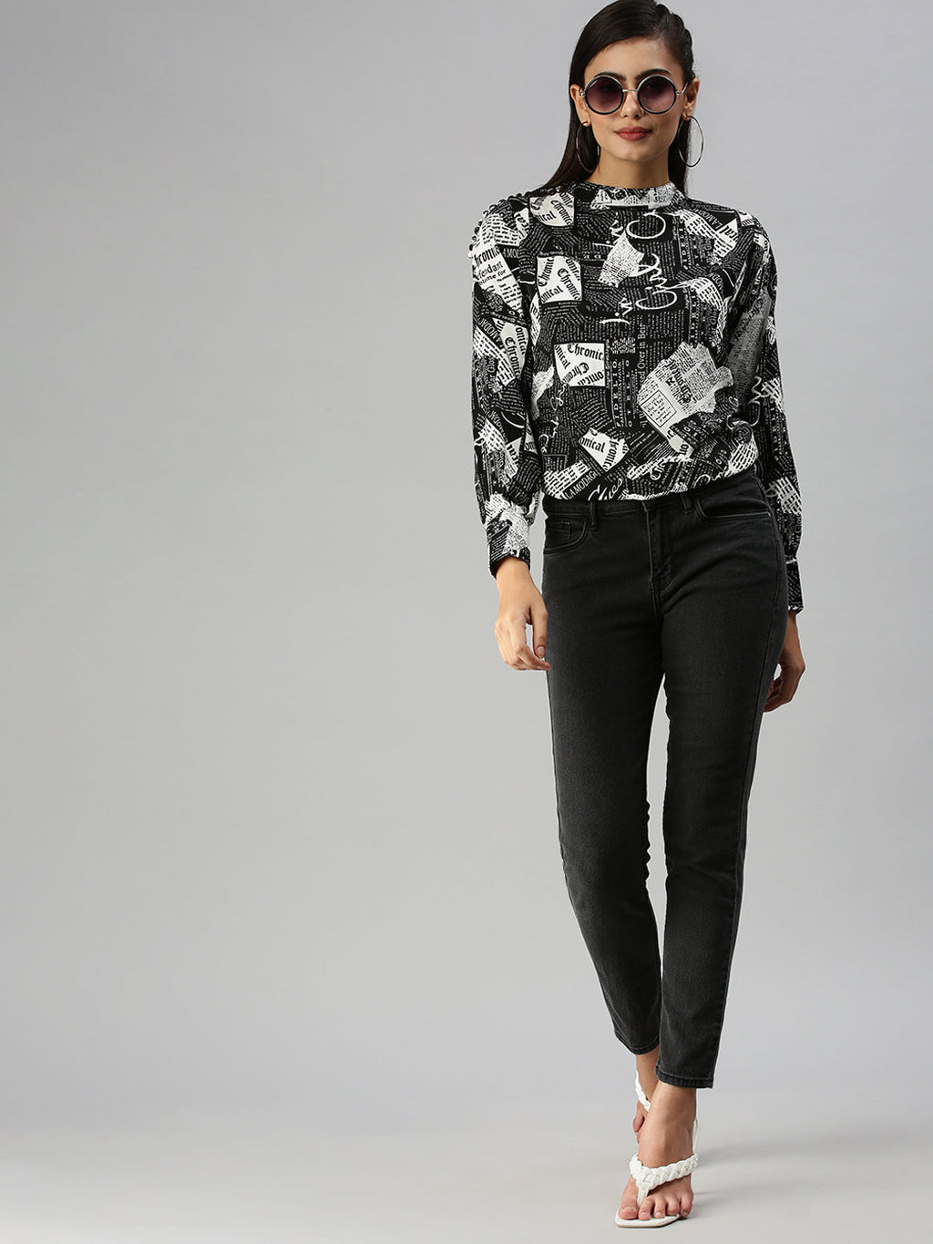Women's Black Floral Print Mandarin Collar Monochrome Crepe Top