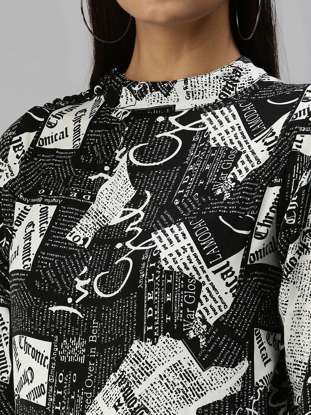 Women's Black Floral Print Mandarin Collar Monochrome Crepe Top