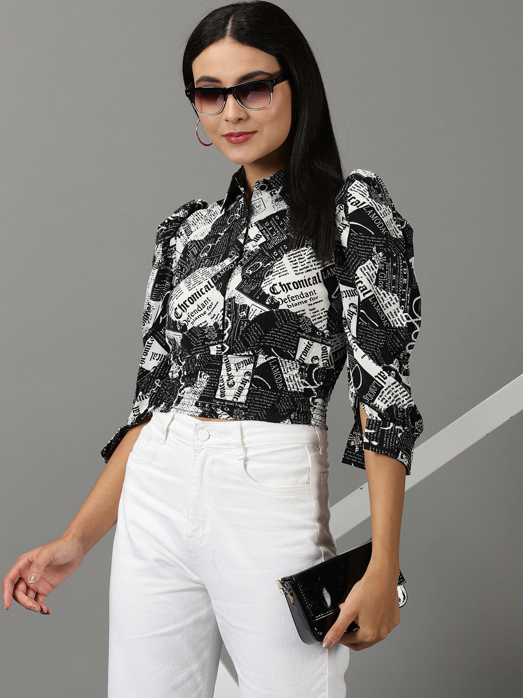 Women's Black Typography Printed Puff Sleeve Smocked Shirt Style Top