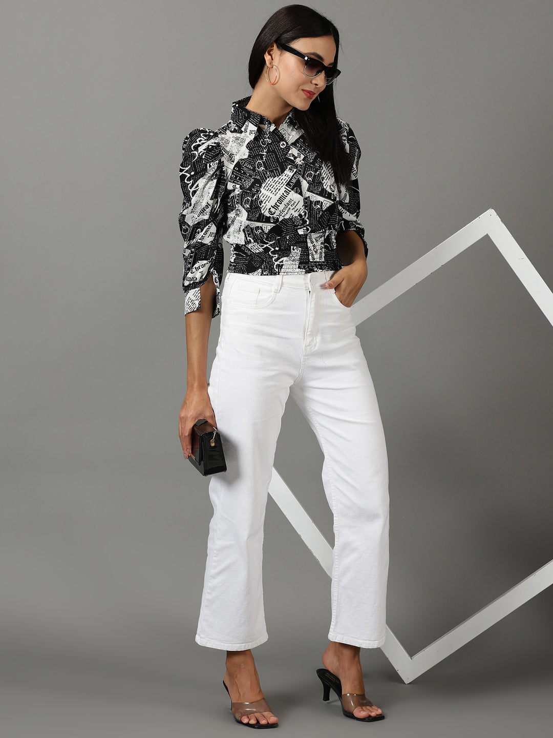 Women's Black Typography Printed Puff Sleeve Smocked Shirt Style Top