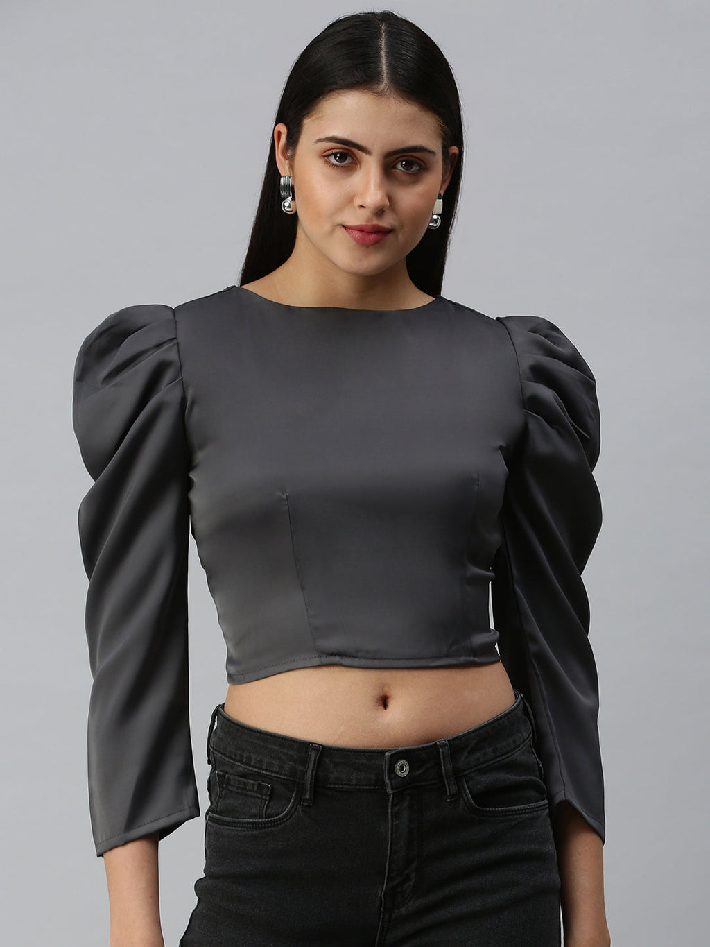 Women's Grey Crepe Crop Top