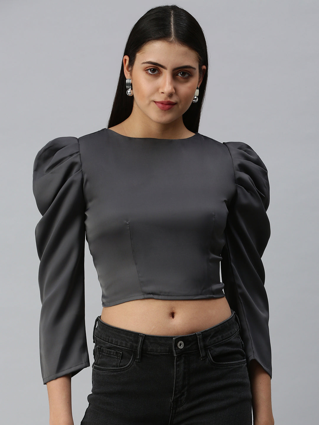 Women's Grey Crepe Crop Top