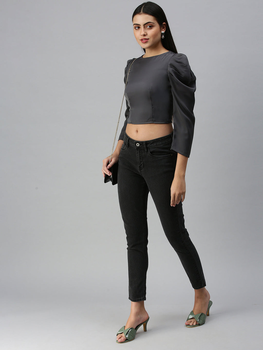 Women's Grey Crepe Crop Top