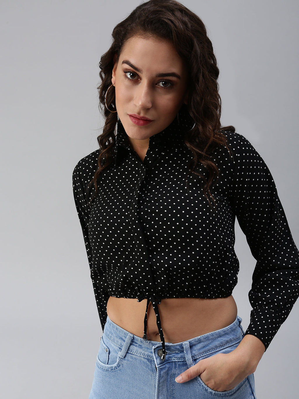 Women's Black Print Crepe Shirt Collar Crop Top