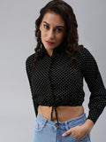 Women's Black Print Crepe Shirt Collar Crop Top