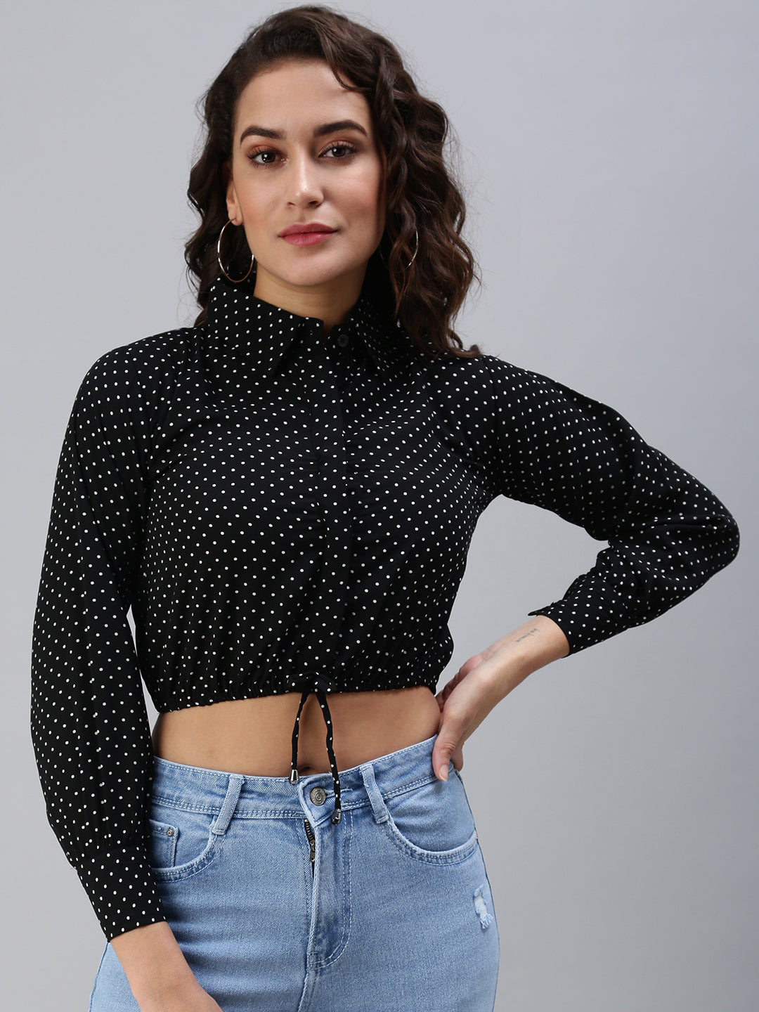 Women's Black Print Crepe Shirt Collar Crop Top
