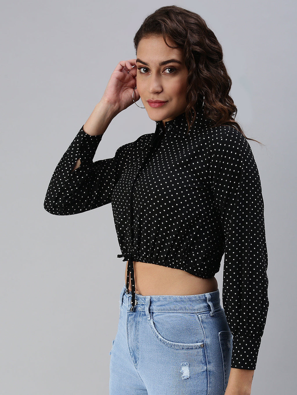 Women's Black Print Crepe Shirt Collar Crop Top