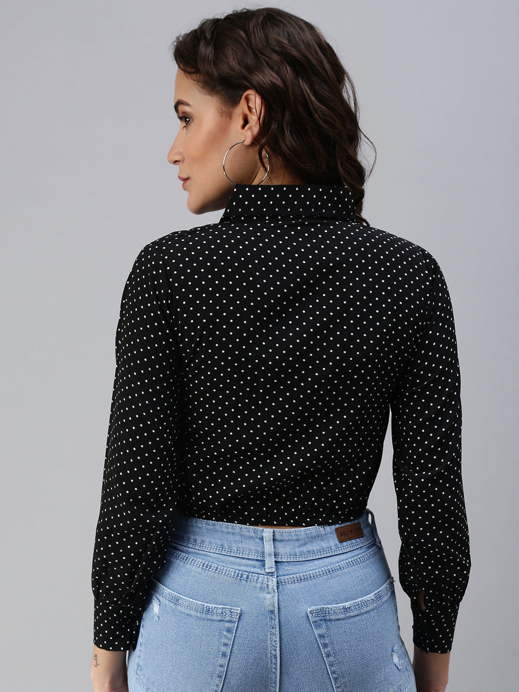 Women's Black Print Crepe Shirt Collar Crop Top