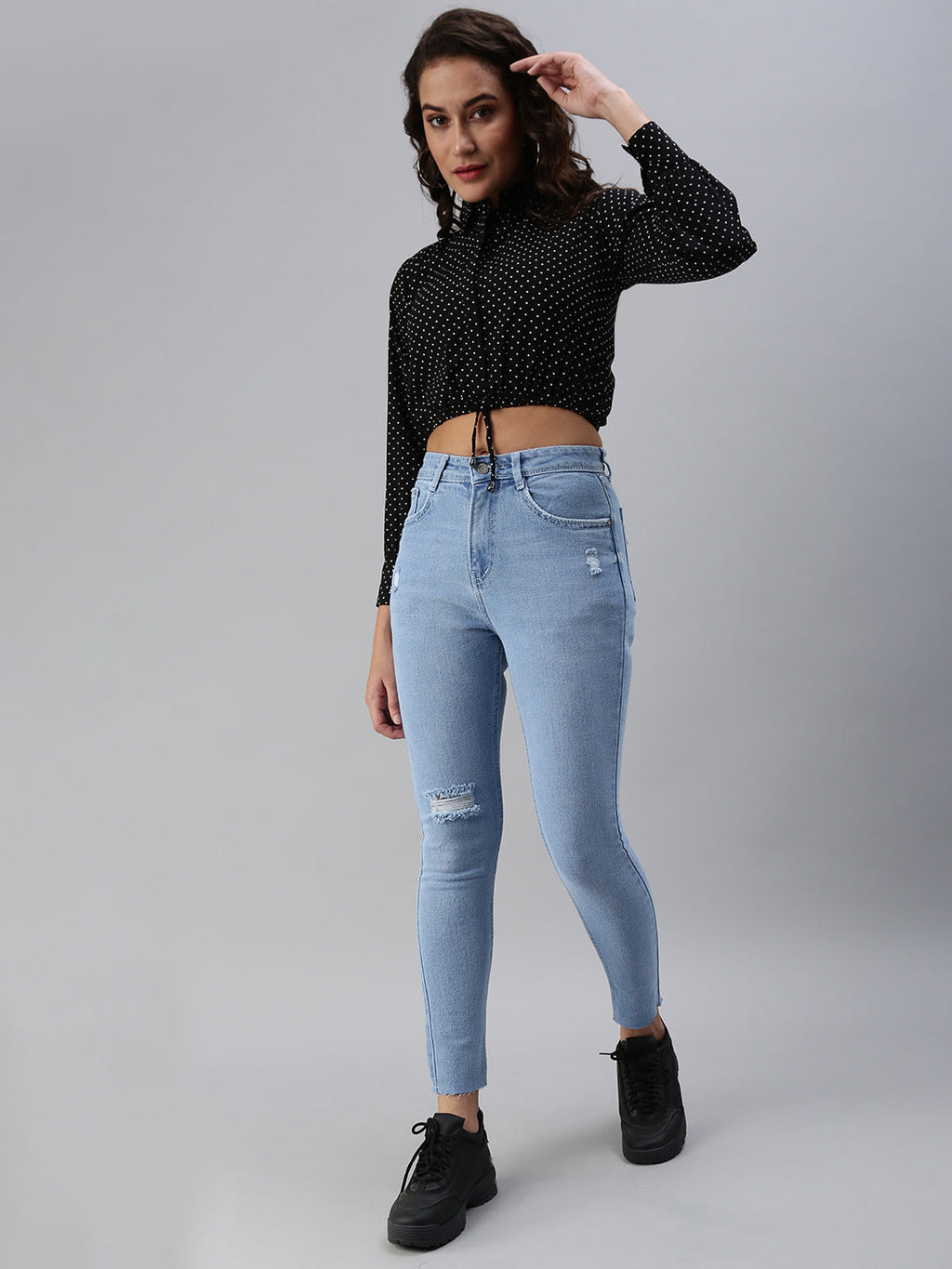 Women's Black Print Crepe Shirt Collar Crop Top