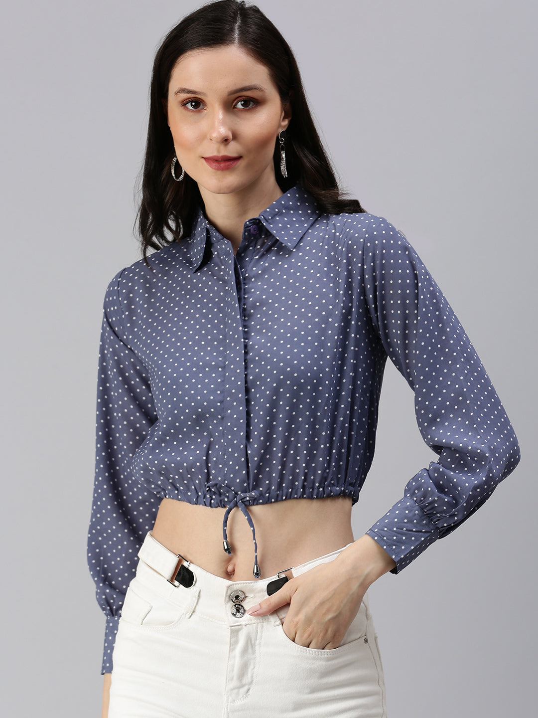 Women's Grey Floral Print Crepe Shirt Style Crop Top