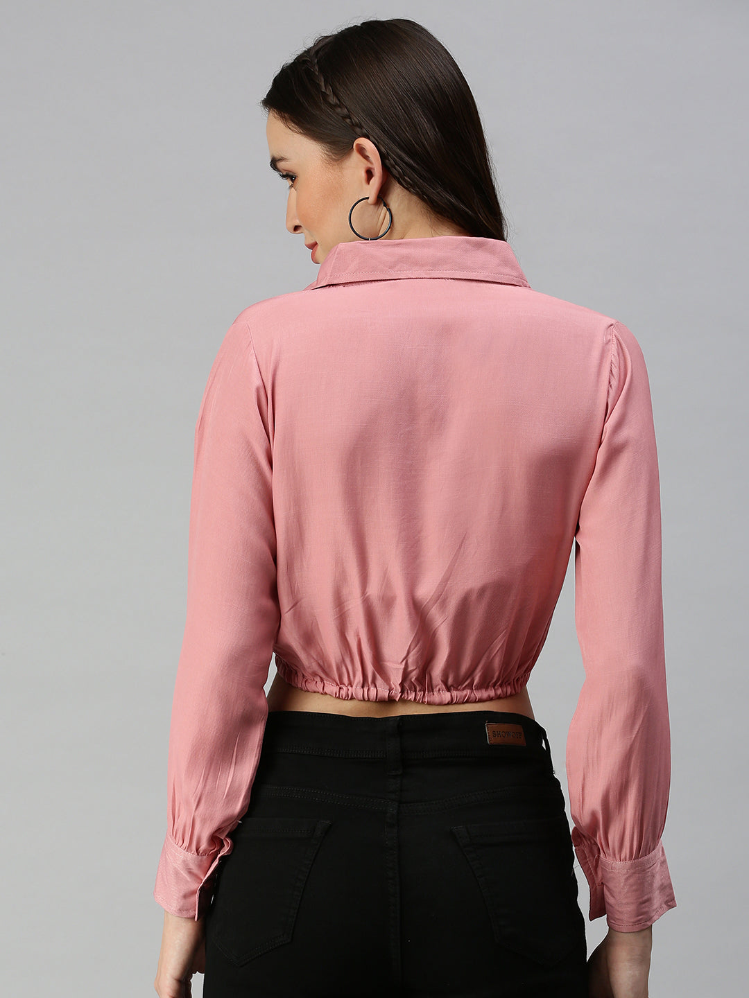 Women's Pink Solid Shirt Style Crop Top