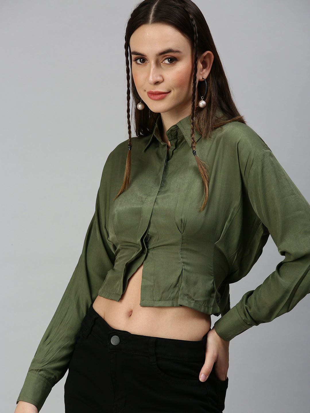 Women's Green Solid Shirt Style Top