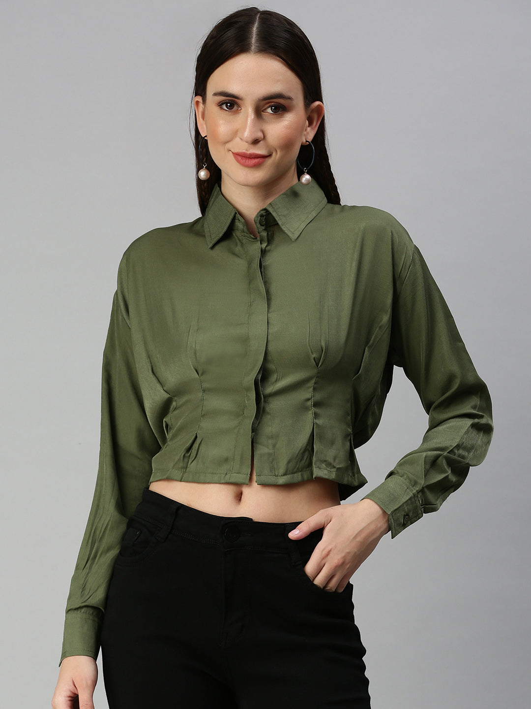 Women's Green Solid Shirt Style Top