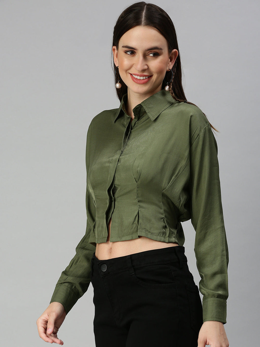 Women's Green Solid Shirt Style Top