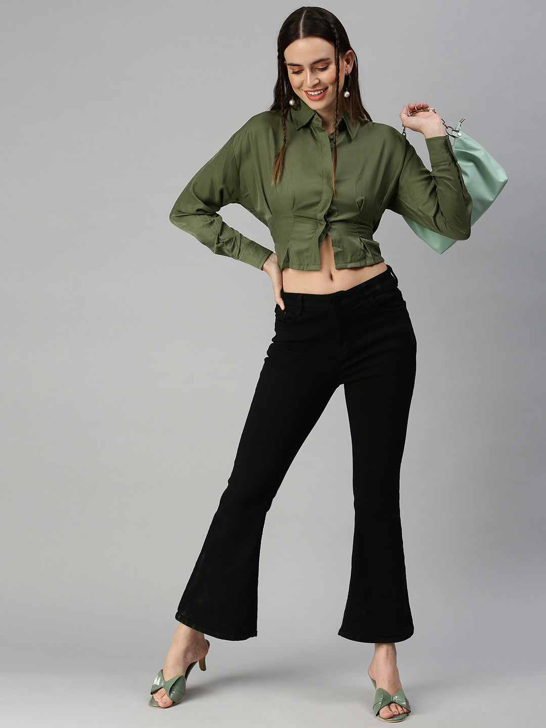 Women's Green Solid Shirt Style Top