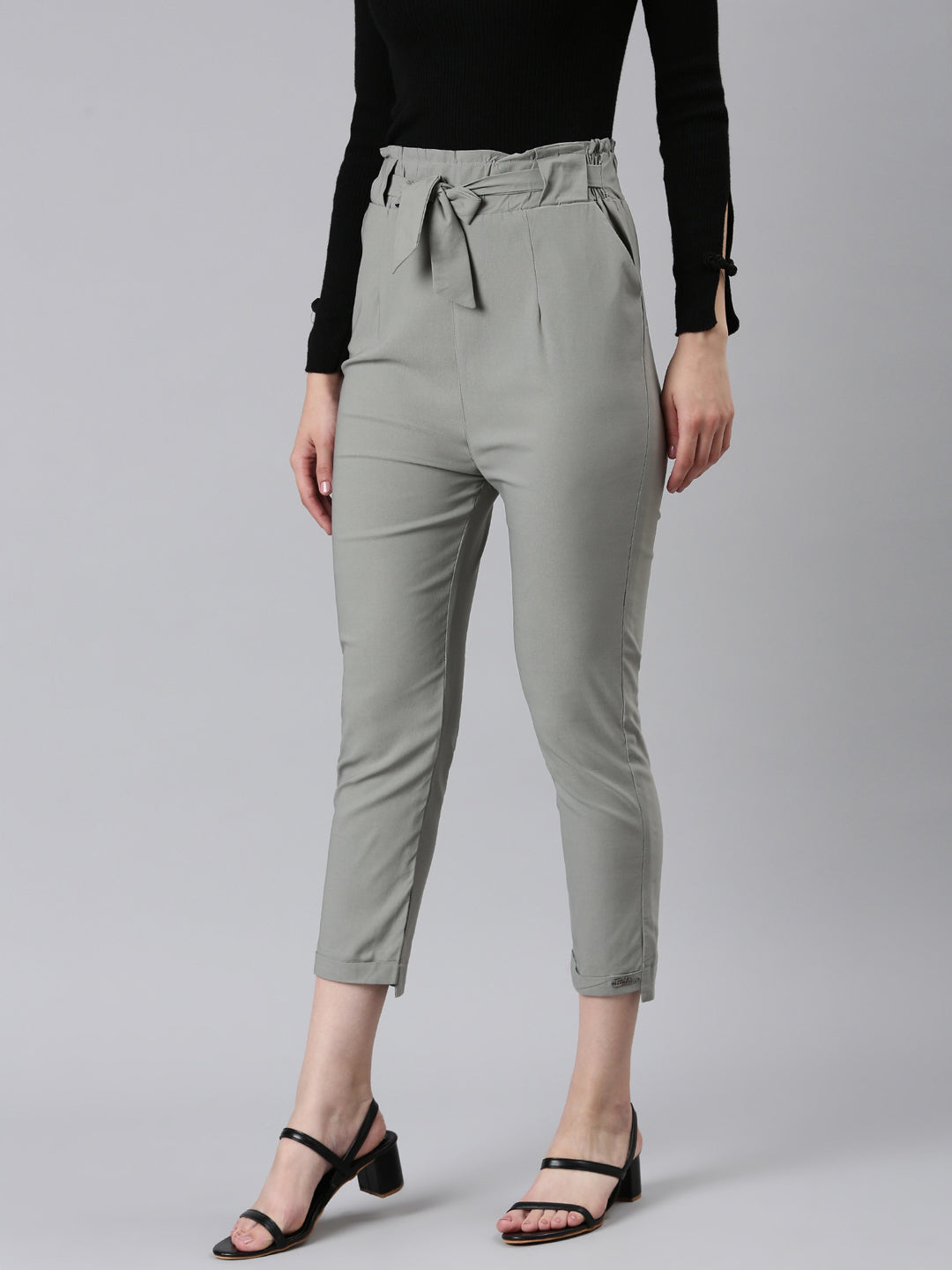 Women's Grey High-Rise Pleated Cigarette Trousers