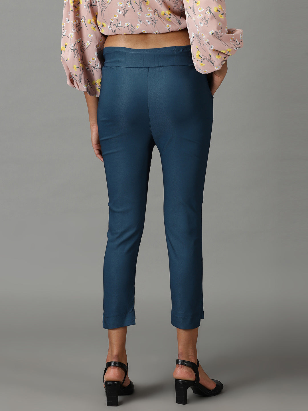 Women's Teal Relaxed Slim Fit High-Rise Trousers