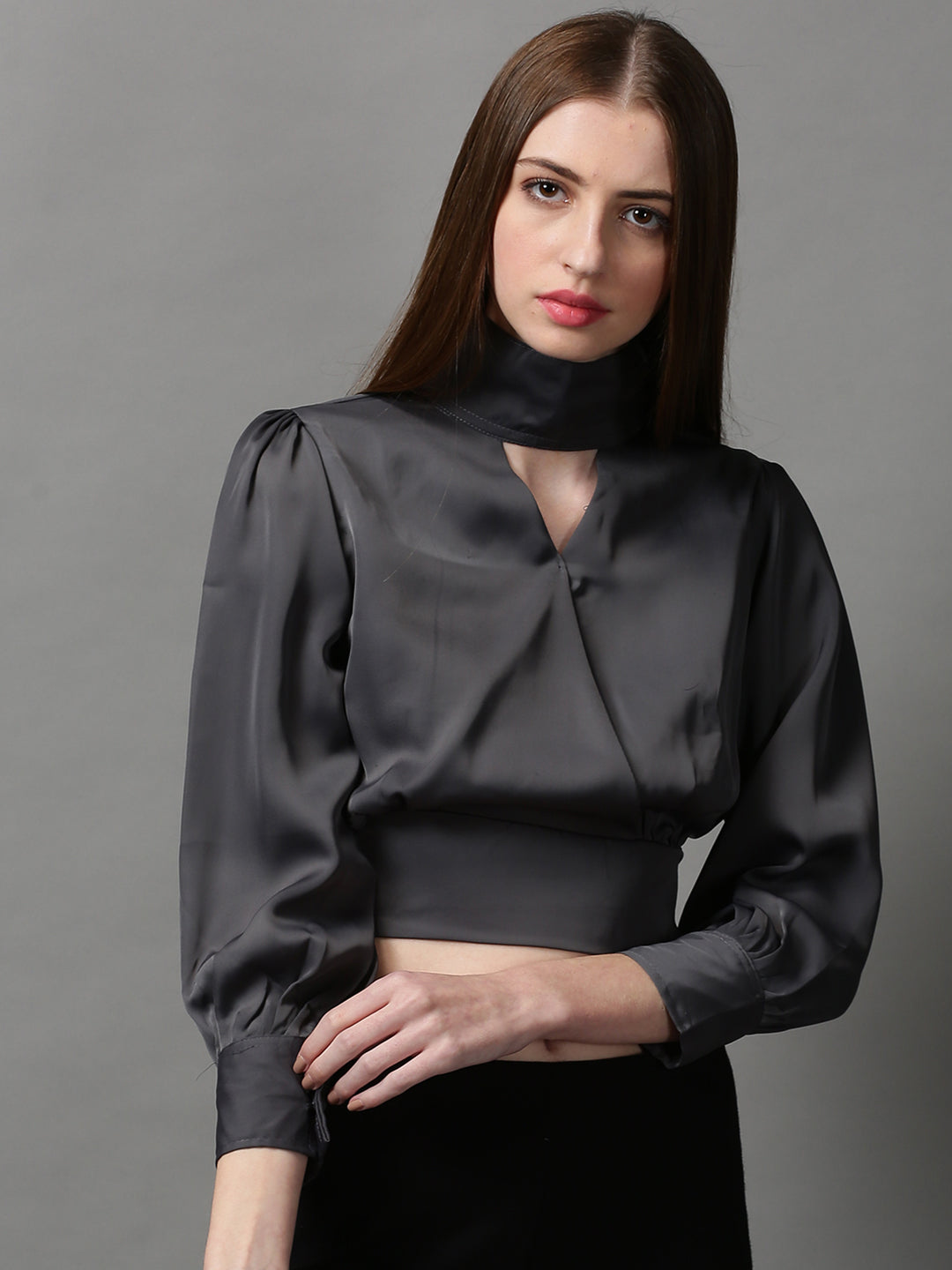 Women's Grey Solid Choker Neck Wrap Crop Top