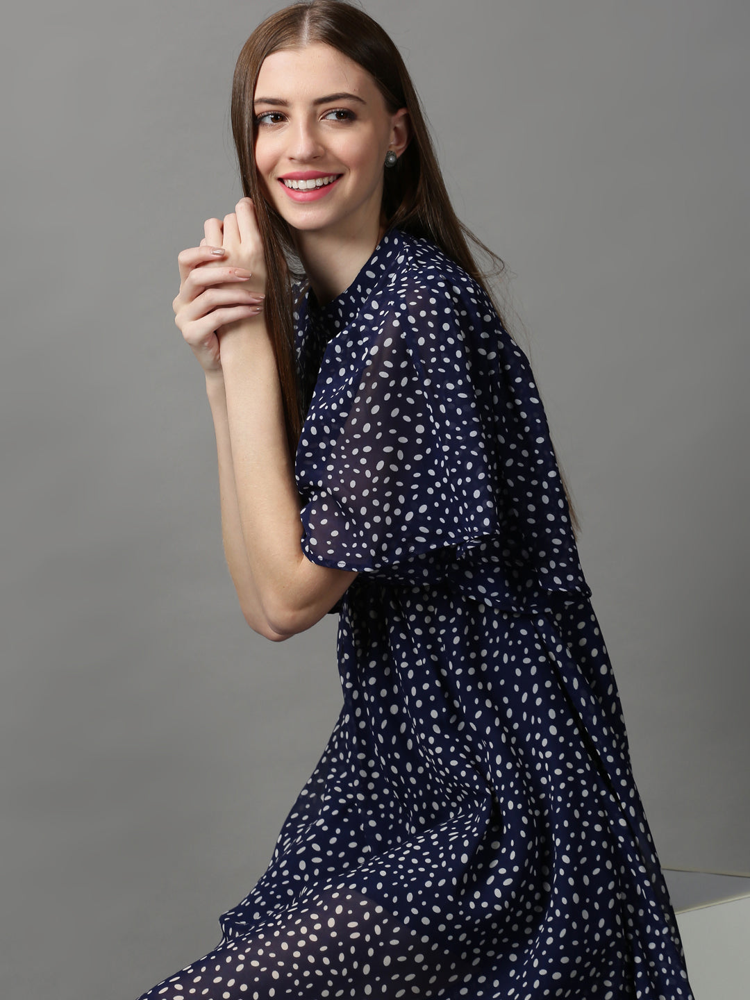 Women's Navy Blue Chiffon Blouson Dress