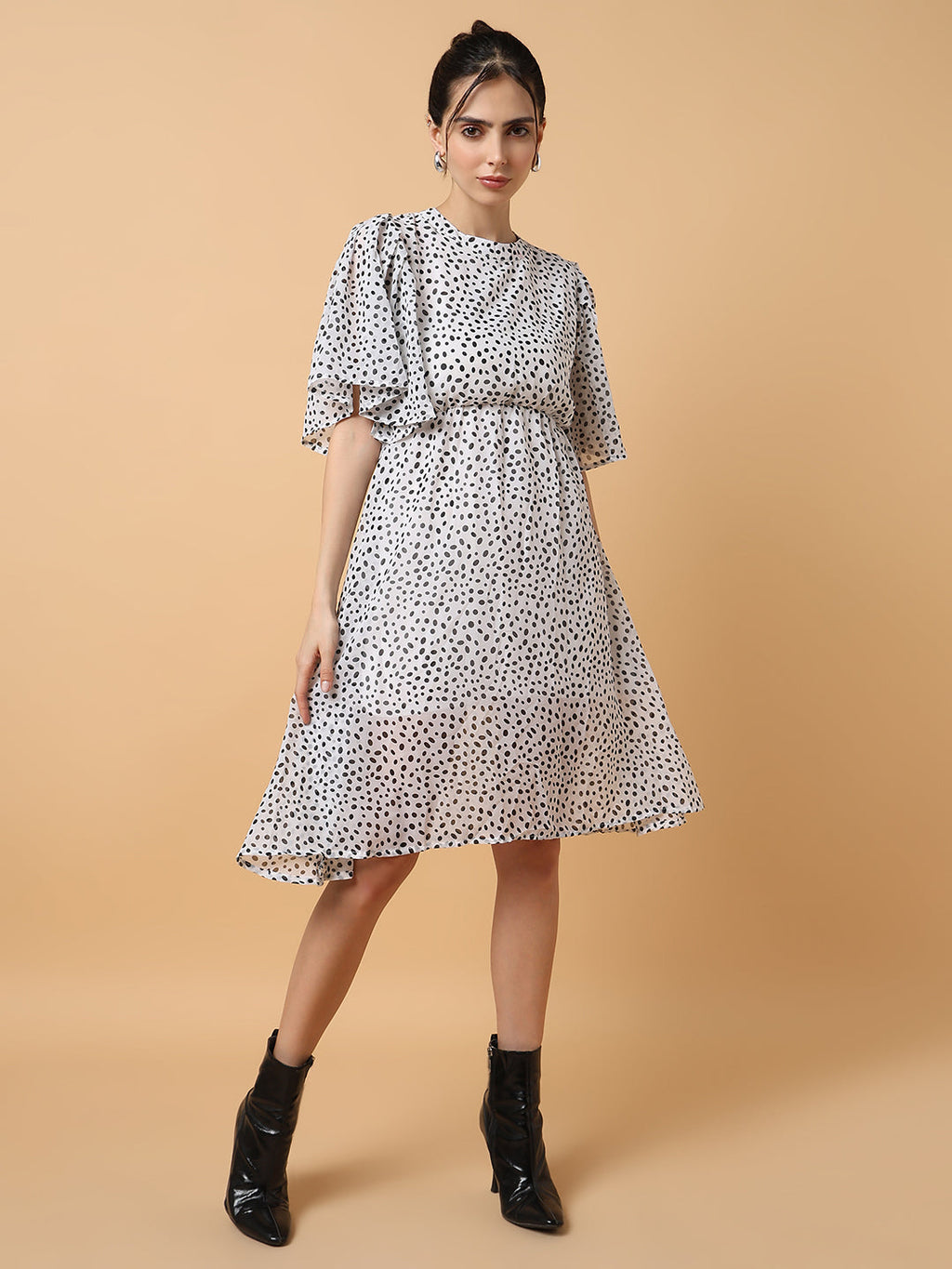 Women's Off White Polka Dot Printed Fit & Flare Dress