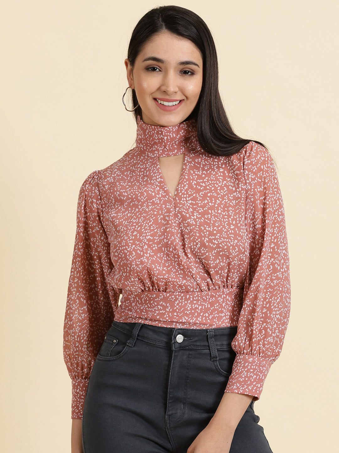 Women's Mauve Print Keyhole Neck Chiffon Crop Top