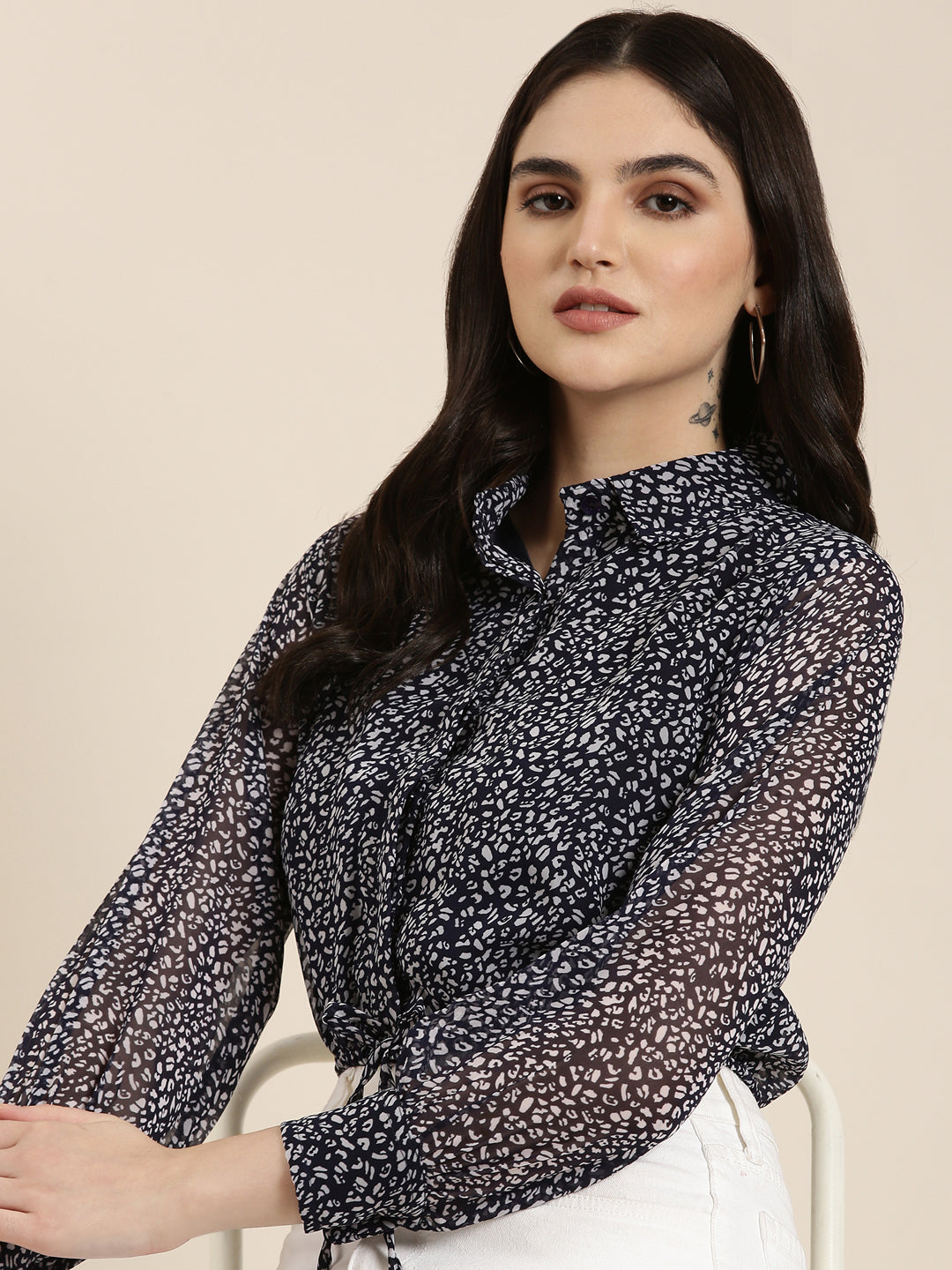Women's Navy Blue Animal Printed Chiffon Shirt Style Crop Top