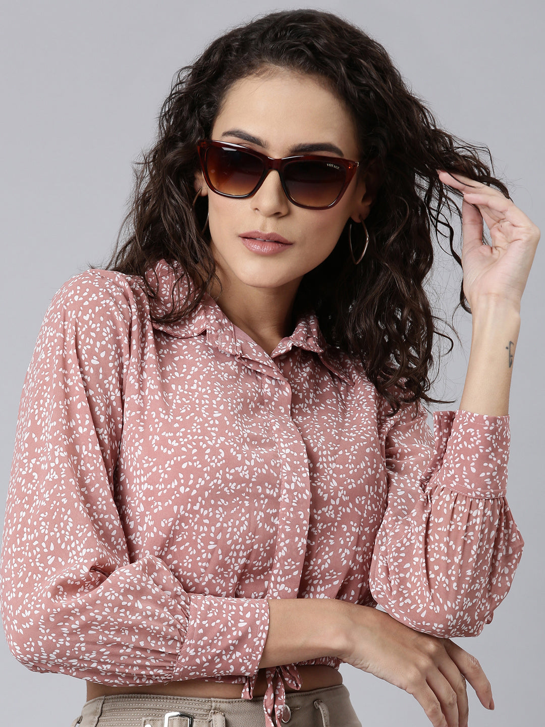 Women's Mauve Shirt Collar Cuffed Sleeves Tie-Ups Shirt Style Crop Top