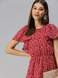 Women's Red Floral Georgette Dress