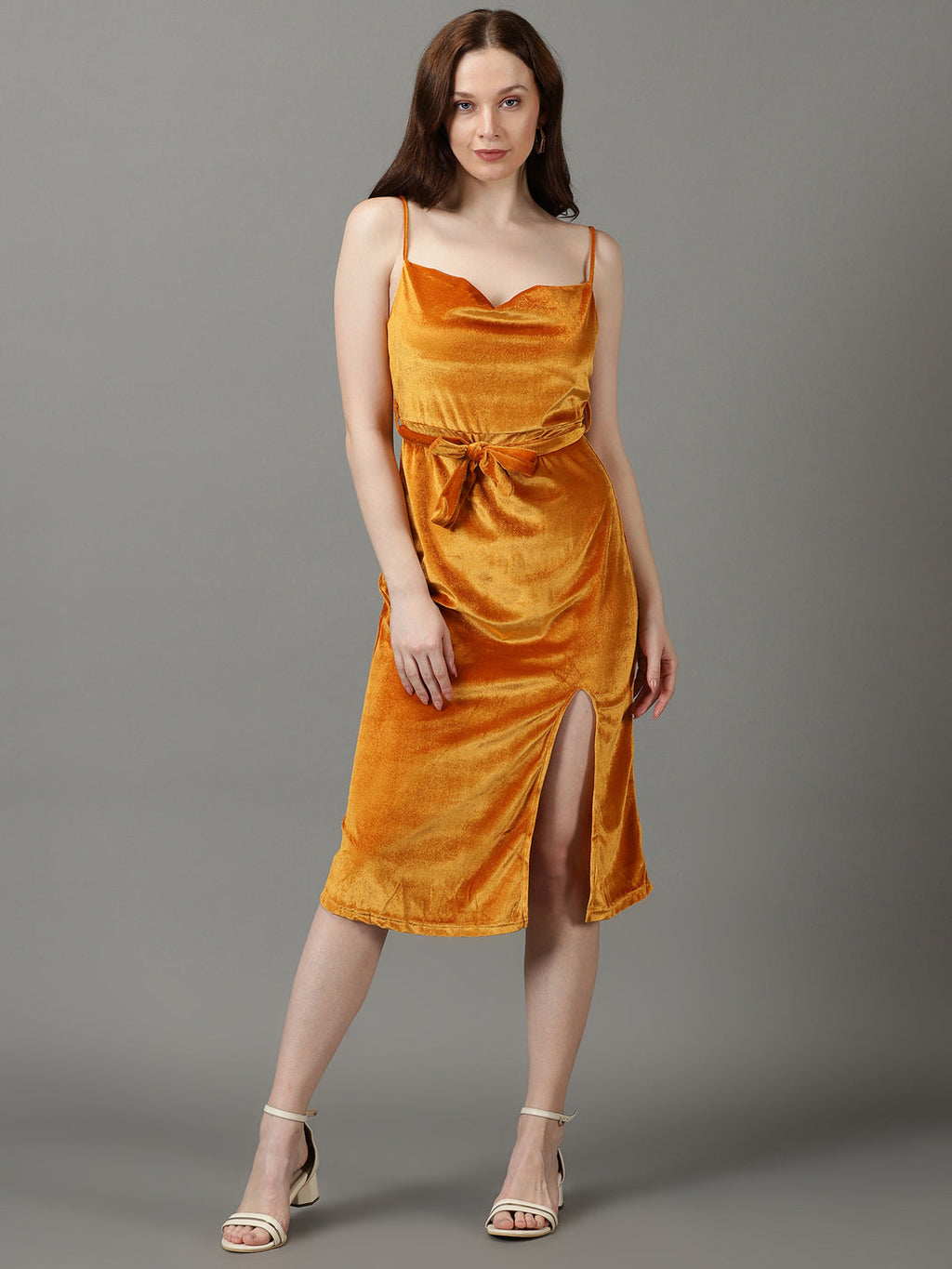 Women's Mustard Shoulder Straps Front Slit Sheath Midi Dress With Belt