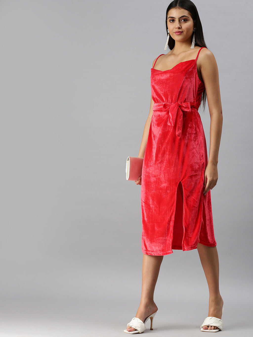 Women's Red Solid Velvet A-Line Midi Dress