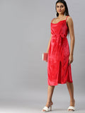 Women's Red Solid Velvet A-Line Midi Dress